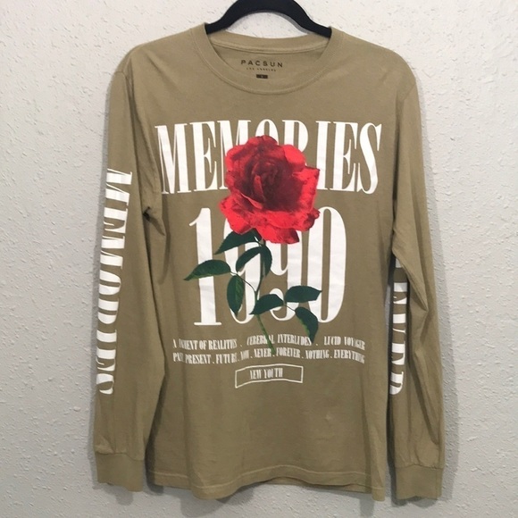 PACSun “Memories Forever” Khaki Long Sleeve Screen Print T-Shirt size S - Picture 1 of 6